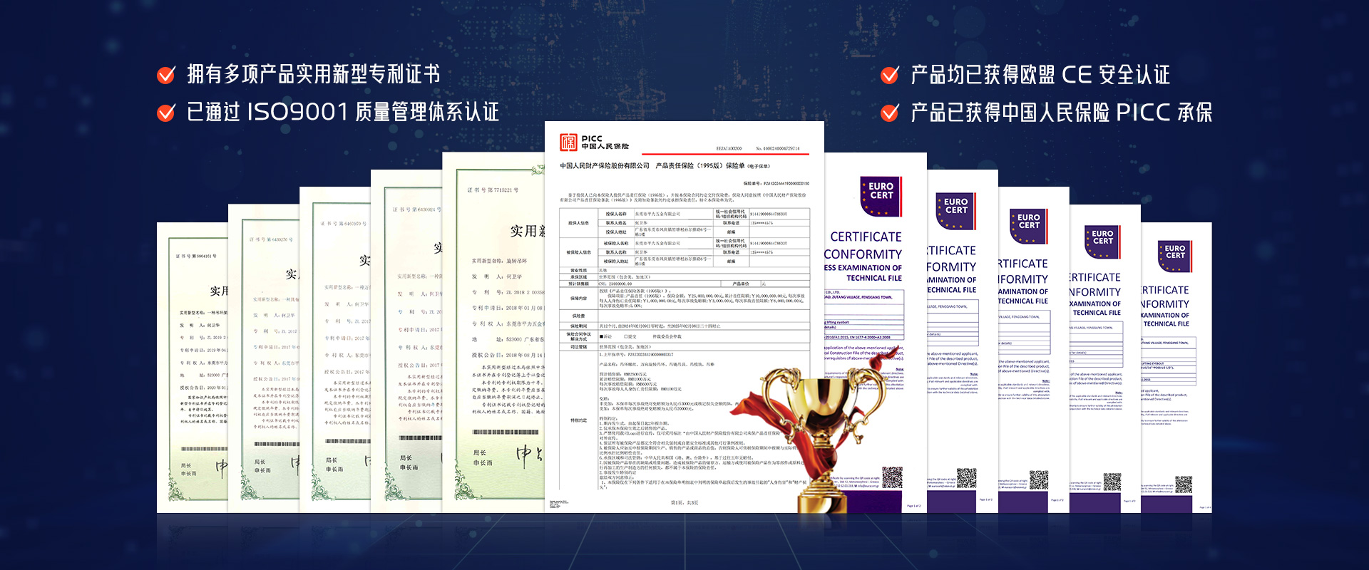 專(zhuān)利證書(shū),歐盟CE認(rèn)證,PICC全球承保,ISO9001認(rèn)證